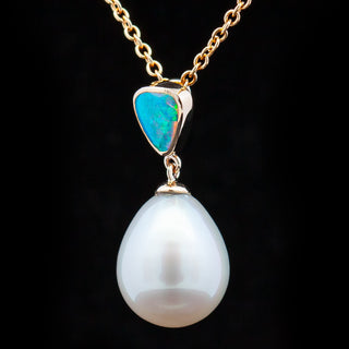 Elsa | Blue-Green Australian Crystal Opal & South Sea Pearl Necklace