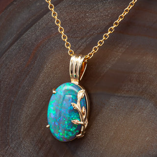 Eden | Blue-Green Australian Semi-Black Opal & Leaf Necklace