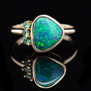 Seline | Green-Blue Australian Semi-Black Opal & Sapphire Ring