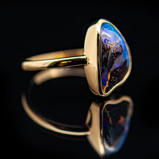 Dark Australian Boulder Opal with Blue and Purple Bezel Set in Yellow Gold by World Treasure Designs