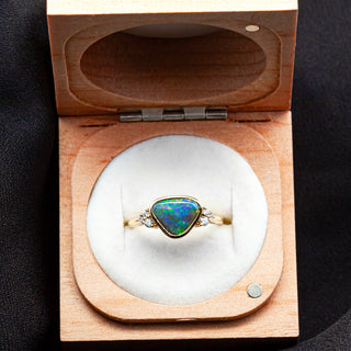 White Diamond and Rainbow Australian Black Opal Ring Bezel Set in Yellow Gold by World Treasure Designs