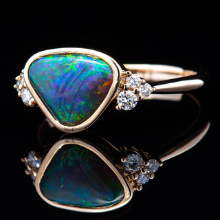 Diamond and Multicoloured Australian Black Opal Ring in Yellow Gold by World Treasure Designs