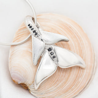 Double Fluke Whale Tail Necklace with Black Diamonds in Sterling Silver by World Treasure Designs