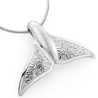 Engraved Whale Tail Fluke Necklace in Sterling Silver by World Treasure Designs