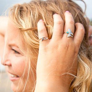 Nala and Mirrhi Humpback Whale Tail Ring with Turquoise Stone in Sterling Silver by World Treasure Designs