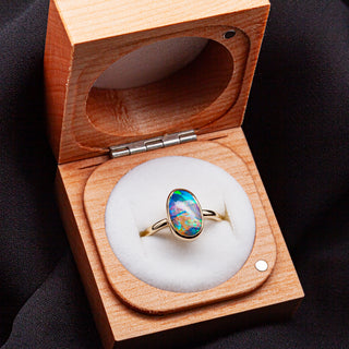 Rainbow Australian Black Opal Ring in Yellow Gold Bezel Setting by World Treasure Designs