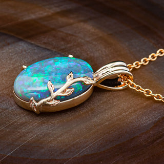 Eden | Blue-Green Australian Semi-Black Opal & Leaf Necklace