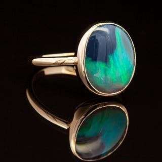 Aqua-Green-Blue Australian Semi-Black Opal Ring in 9ct Yellow Gold by World Treasure Designs