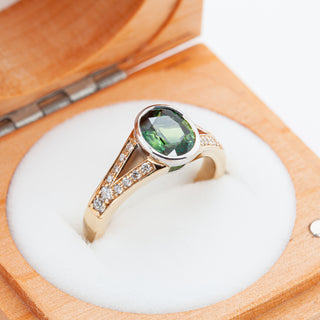 Green Parti Australian Sapphire Ring with Diamonds in Yellow Gold by World Treasure Designs