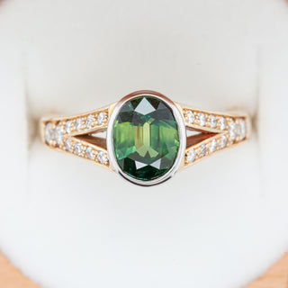 Green Parti Sapphire Ring Australian Sapphire with Yellow Gold and Diamonds by World Treasure Designs