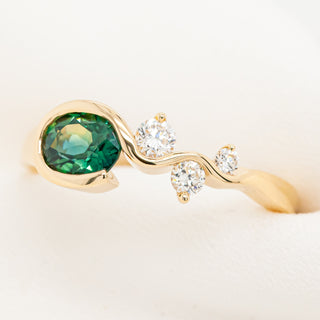 Australian Green Parti Sapphire Ring with Diamonds on Wavy Band in Yellow Gold by World Treasure Designs