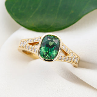 Long Cushion Cut Australian Green Parti Sapphire and Diamond Ring in Yellow Gold by World Treasure Designs