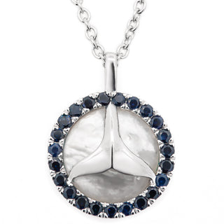Mother of Pearl Humpback Whale Tail Fluke Sapphire Halo Necklace in Sterling Silver by World Treasure Designs