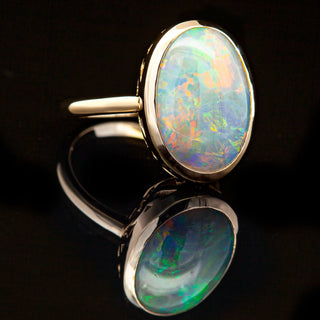 Rainbow Australian Semi-Black Opal Ring with Filigree Setting Set in 9ct Yellow Gold by World Treasure Designs