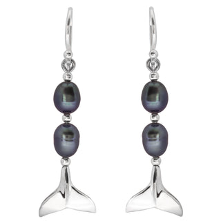 Two Blue-Black Freshwater Pearl Whale Tail Earrings in Sterling Silver by World Treasure Designs