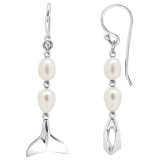 Ocean Creation Earrings with Two White Freshwater Pearls in Sterling Silver by World Treasure Designs