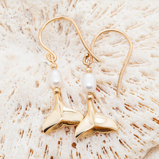 Ocean Creation Single Freshwater White Pearl Fluke Earrings in Yellow Gold by World Treasure Designs