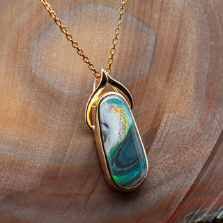 Oval Australian Semi-Black Opal Necklace in Yellow Gold by World Treasure Designs