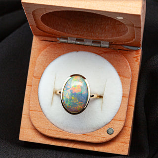 Rainbow Australian Semi-Black Opal Bezel Set in 9ct Yellow Gold by World Treasure Designs