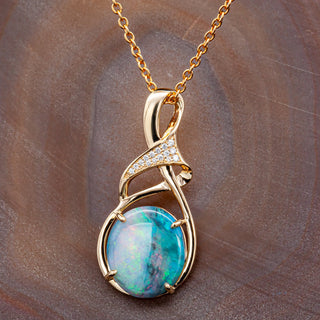 Rainbow Australian Semi-Black Opal and Diamond Necklace in Yellow Gold by World Treasure Designs
