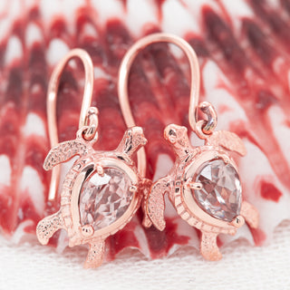 Rose Gold Sea Turtle Earrings with Rose Zircon Australian Made by World Treasure Designs