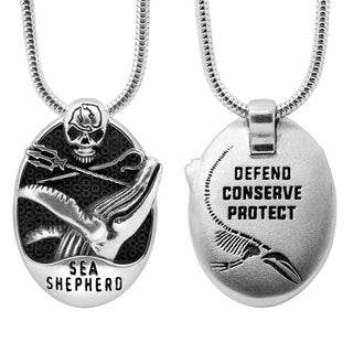 Sea Shepherd Pendant with Humpback Whale on the Front with Scull in Sterling Silver by World Treasure Designs