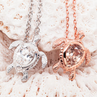 Sea Turtle Gemstone Necklace in Rose or White Gold with Zircon by World Treasure Designs