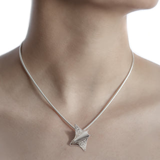Sterling Silver Engraved Manta Ray Pendant on Sterling Silver Necklace