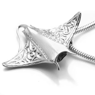 Sterling Silver Engraved Manta Ray Pendant on Sterling Silver Necklace