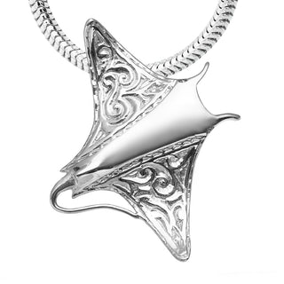 Sterling Silver Engraved Manta Ray Pendant on Sterling Silver Necklace
