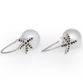 Silver Sea Star Pearl Earrings with South Sea Pearl and Black Diamonds by World Treasure Designs