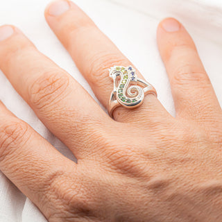 Silver Seahorse Sapphire Ring with Diamonds and Sapphires by World Treasure Designs