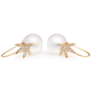 South Sea Pearl Sea Star Earrings in Yellow Gold and Diamonds by World Treasure Designs