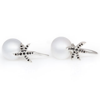 South Sea Pearl Starfish Earrings with Black Diamonds in Sterling Silver by World Treasure Designs
