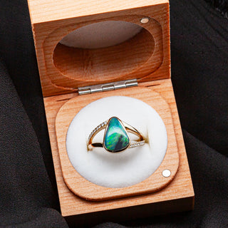 Split Shank Diamond and Australian Black Opal Ring Bezel Set in Yellow Gold by World Treasure Designs