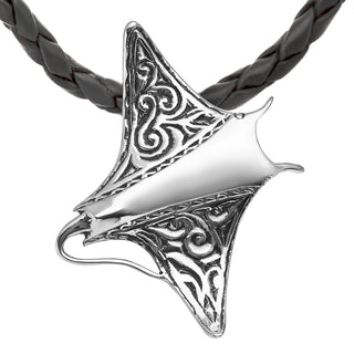 Sterling Silver Engraved Manta Ray Pendant on Black Leather Necklace