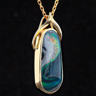 Swirled Australian Semi Black Opal Necklace in Yellow Gold by World Treasure Designs