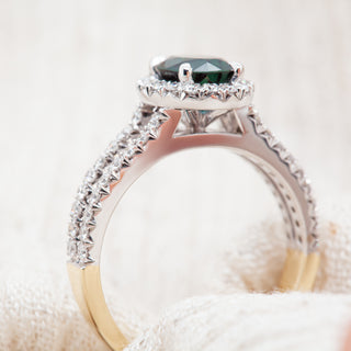 Teal Blue Australian Sapphire Ring French Pave Diamonds in White & Yellow Gold by World Treasure Designs