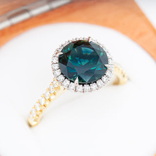 Teal-Blue Parti Sapphire Ring with Diamond Halo in Yellow and White Gold by World Treasure Designs