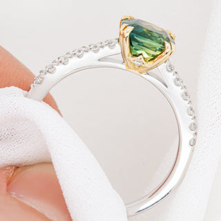 Teal Green Parti Sapphire Ring with Diamonds in White Gold by World Treasure Designs