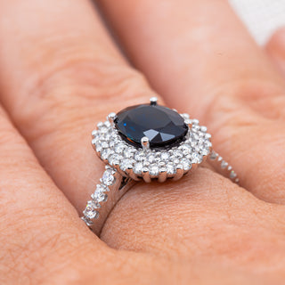Vintage Style Australian Blue Sapphire Ring Double Halo of Diamonds in White Gold by World Treasure Designs