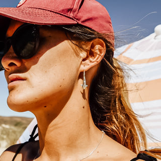 Whale Shark Earrings on a model in Sterling Silver by World Treasure Designs