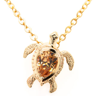 Yellow Gold Sea Turtle Gemstone Necklace with Zircon by World Treasure Designs