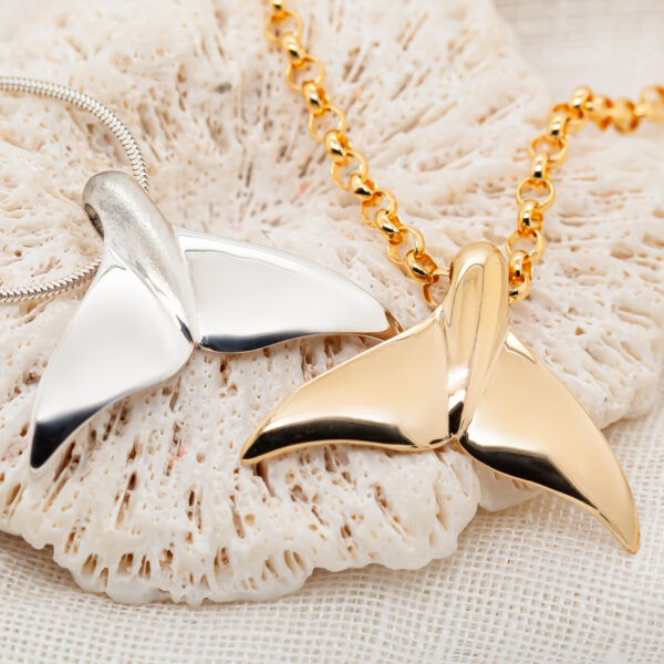 Humpback Fluke Whale Tail Necklace in Sterling Silver and Yellow Gold by World Treasure Designs