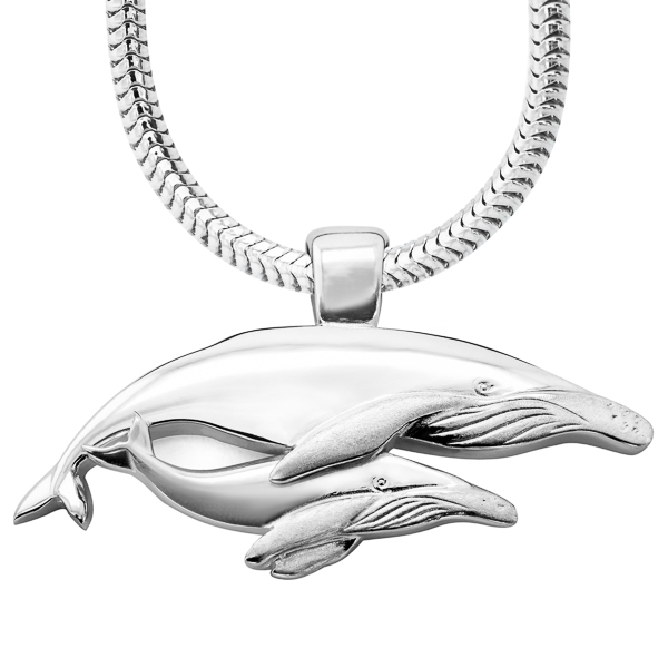 Sterling Silver Humpback Whale Mother and Baby Necklace by World Treasure Designs