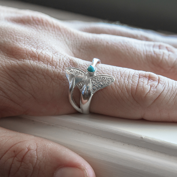 Turquoise and Silver Humpack Whale Mother and Calf Fluke Ring