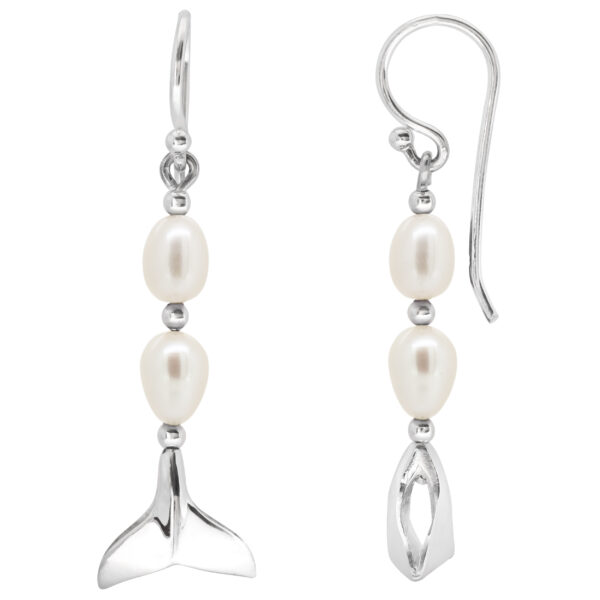 Ocean Creation Earrings with Two White Freshwater Pearls in Sterling Silver by World Treasure Designs