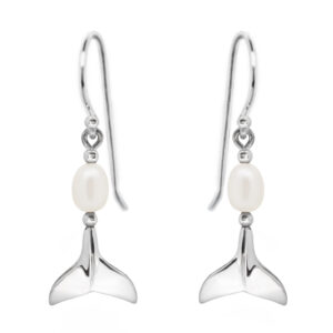 Sterling Silver and Single White Pearl Whale Tail Earrings in Sterling Silver by World Treasure Designs
