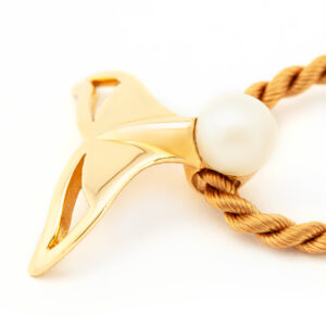 Ocean Creations Whale Fluke Necklace with Cut Outs and a Freshwater Pearl in Yellow Gold by World Treasure Designs
