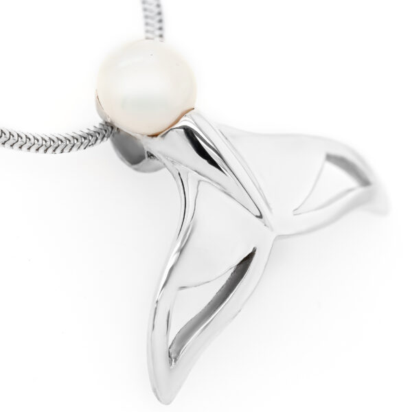 Sterling Silver and Freshwater Pearl Whale Tail Pendant on a Sterling Silver Chain Necklace by World Treasure Designs